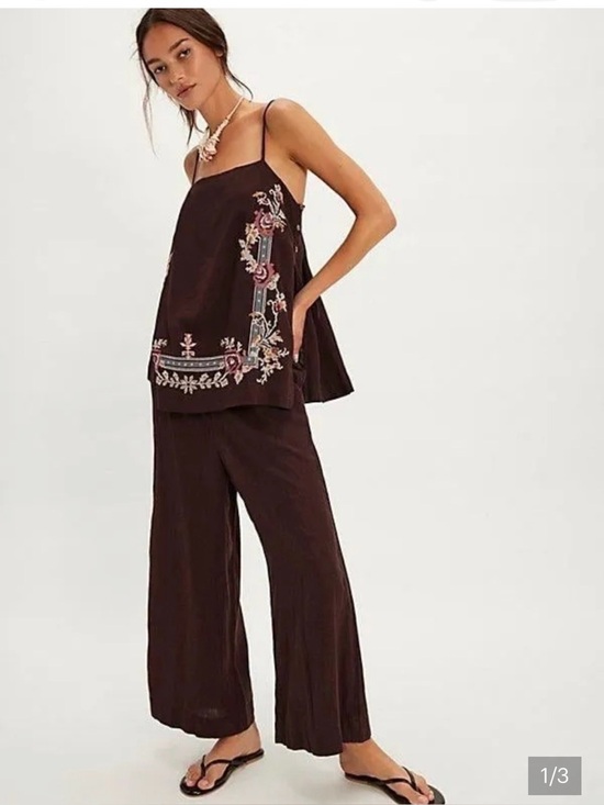 Free People Pants - Free People Chocolate Brown Embroidered Cami & Wide-Leg Set